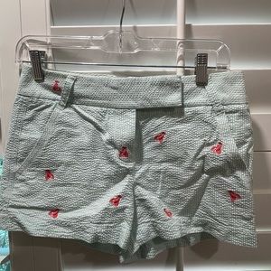 J Crew Size 0 Green and White Seersucker Shorts with Lobster Detail